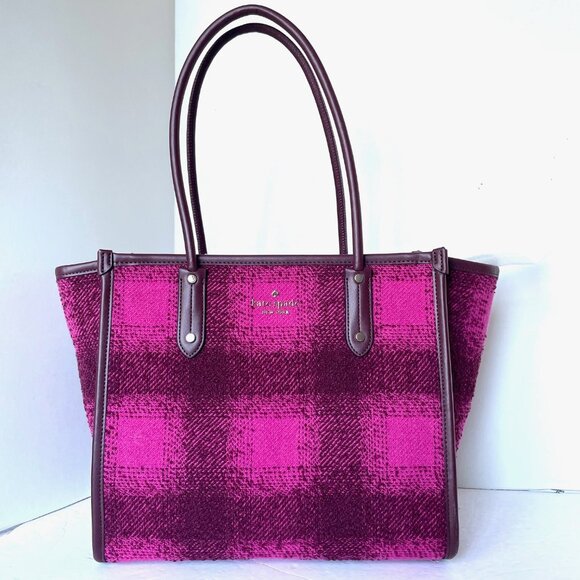 Kate Spade Ella Plaid Tweed Tote Medium Bright Rose Black Shoulder Bag - Picture 2 of 13